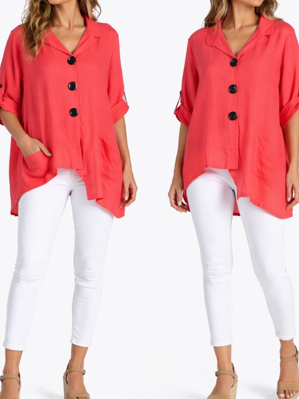IC Connie K Coral Button Front Top Tunic Boxy 3/4 Tab Sleeves Excellent Size XL